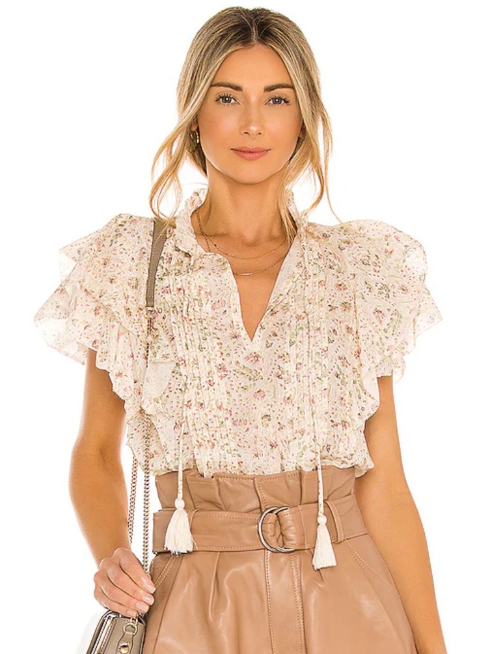 Cleobella Katy Blouse Cream Floral Organic Cotton Ruffle Flutter Sleeve Top